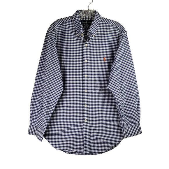 Polo Ralph Lauren Shirt Oxford Mens Medium 16 Blue Gingham Check LS Button Down - Picture 2 of 10